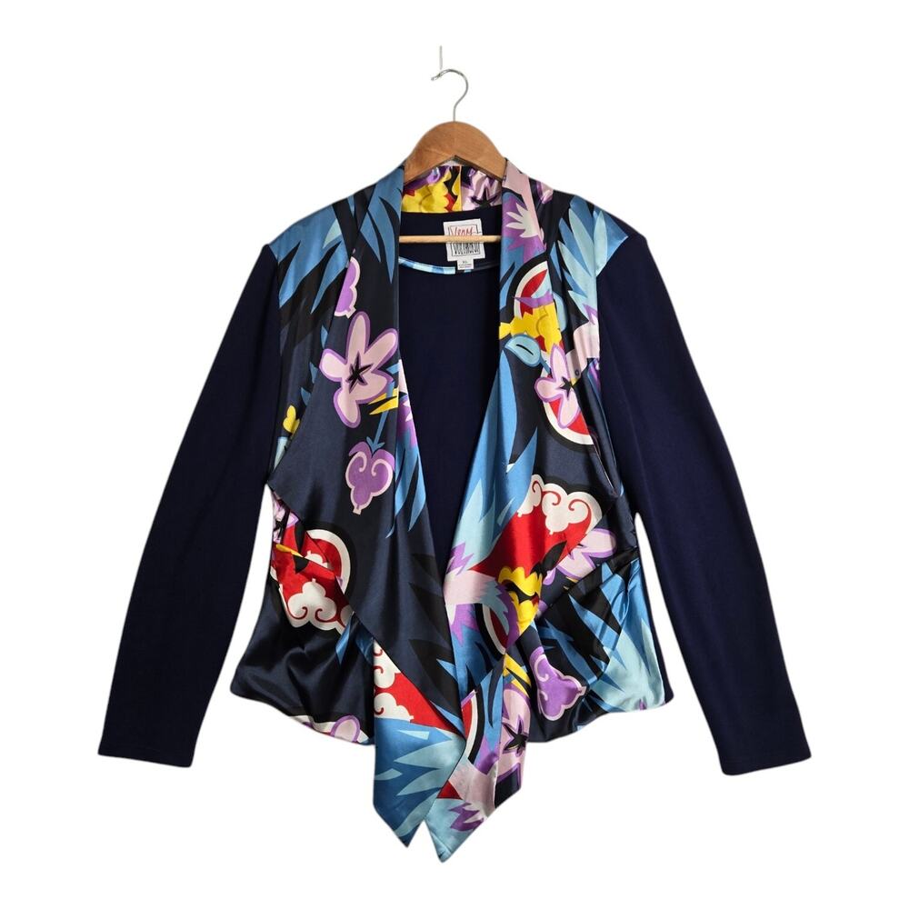 Very Vollbracht Cardigan Jacket XL Blue Multi Waterfall Front Pocket Art To Wear